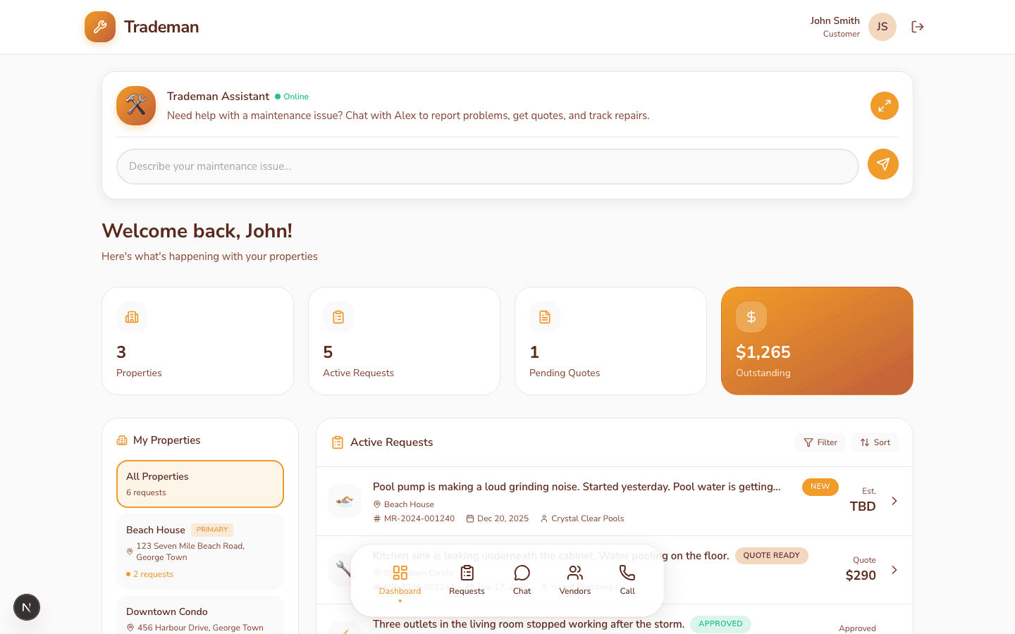 Trademan customer portal dashboard showing properties, active requests, and quotes
